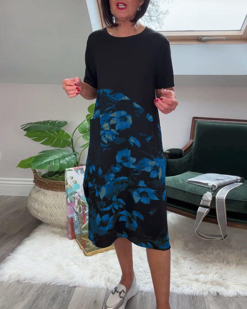 Ada | Patchworkjurk met Ronde Halslijn en Bloemenprint