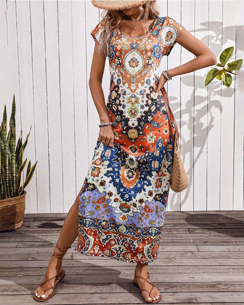 Janny | Kleurrijke Casual Jurk met Print en Splitten