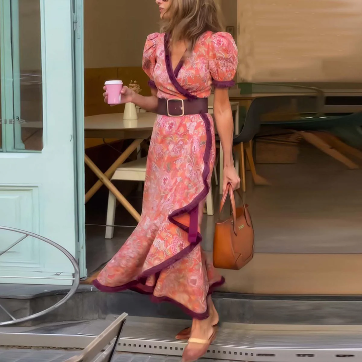 Saskia | Elegante Roze Maxi-jurk met Korte Mouwen