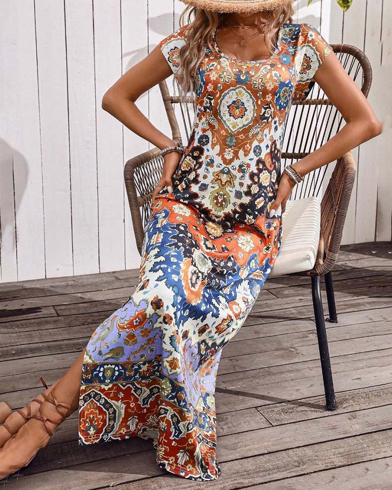 Janny | Kleurrijke Casual Jurk met Print en Splitten