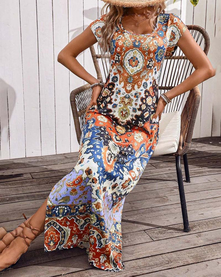 Janny | Kleurrijke Casual Jurk met Print en Splitten