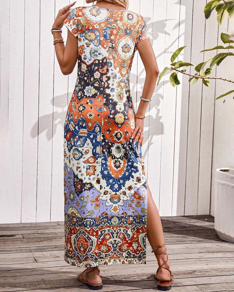 Janny | Kleurrijke Casual Jurk met Print en Splitten