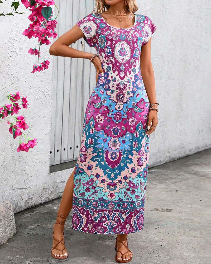 Janny | Kleurrijke Casual Jurk met Print en Splitten