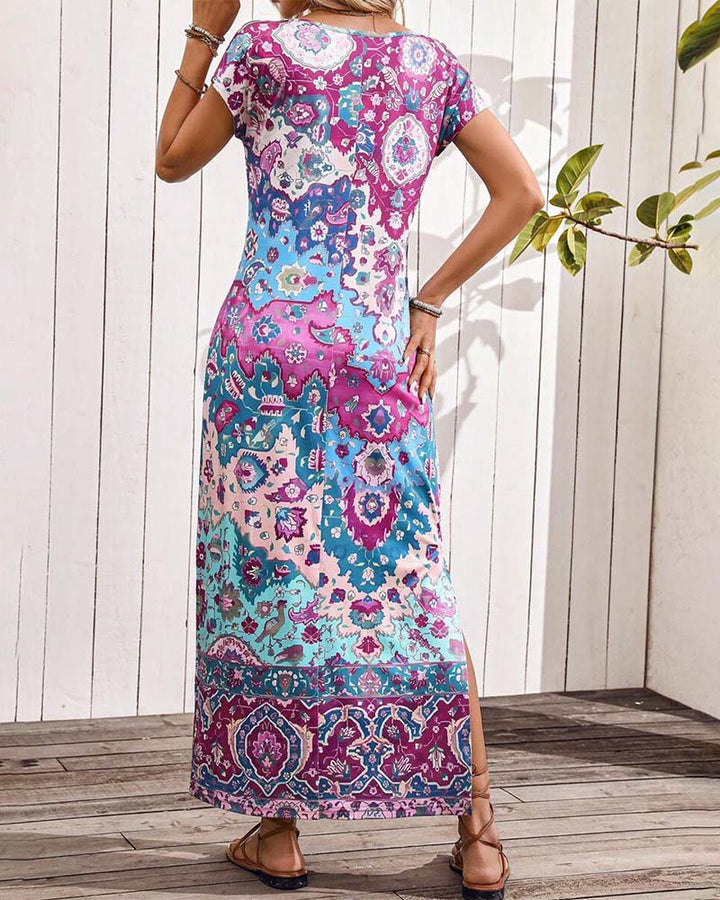 Janny | Kleurrijke Casual Jurk met Print en Splitten