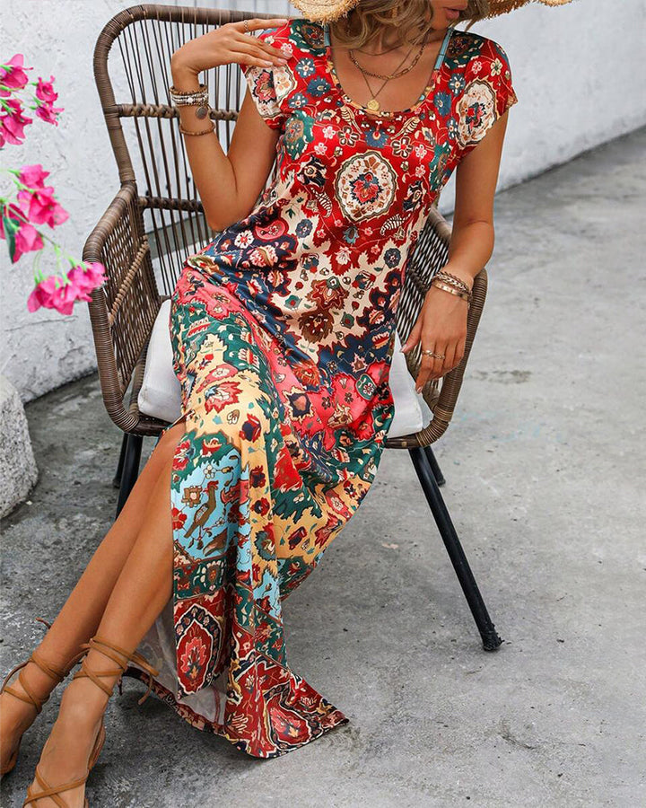 Janny | Kleurrijke Casual Jurk met Print en Splitten