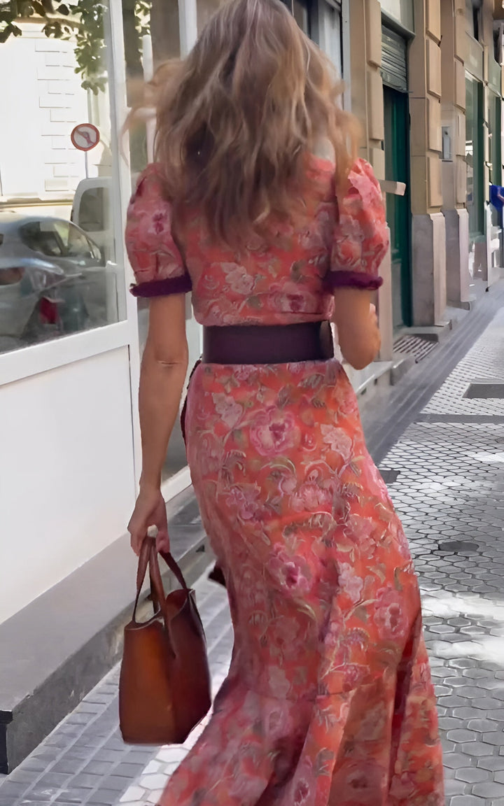 Saskia | Elegante Roze Maxi-jurk met Korte Mouwen