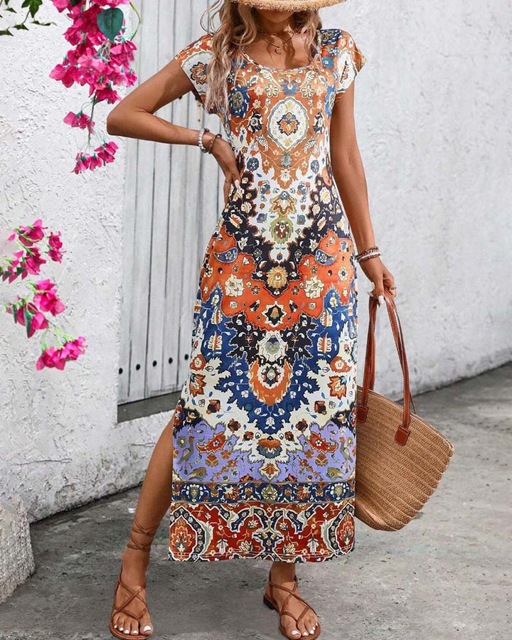 Janny | Kleurrijke Casual Jurk met Print en Splitten