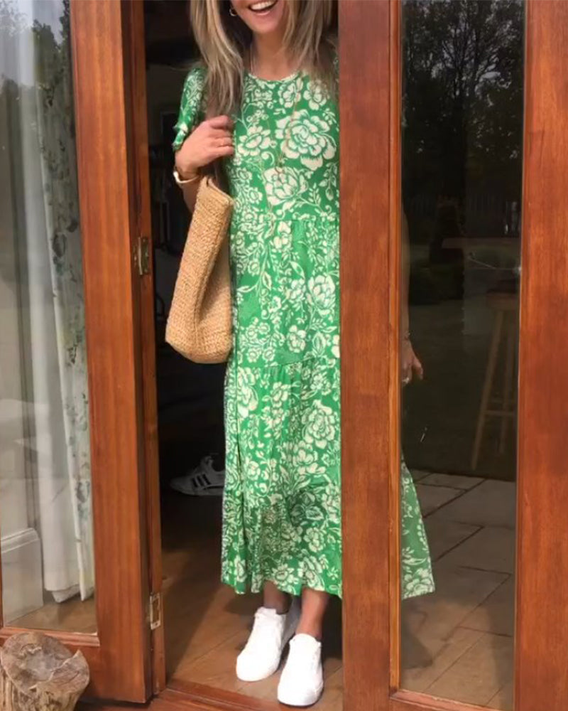 Nel | Lange Jurk met Korte Mouwen en Bloemenprint