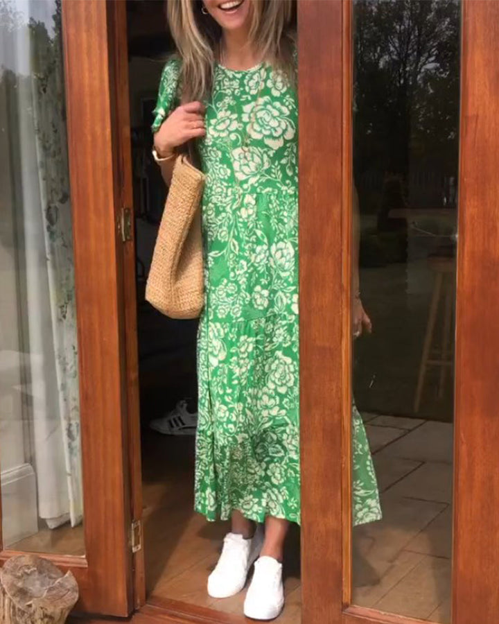 Nel | Lange Jurk met Korte Mouwen en Bloemenprint