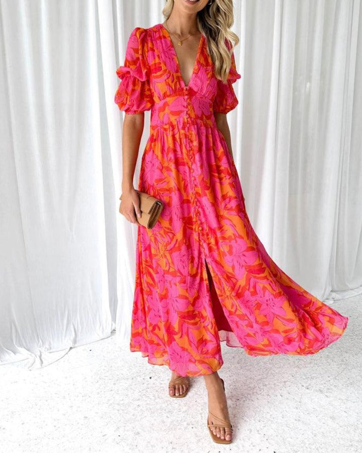 Karin | Elegante Maxi-jurk met V-hals en Pofmouwen