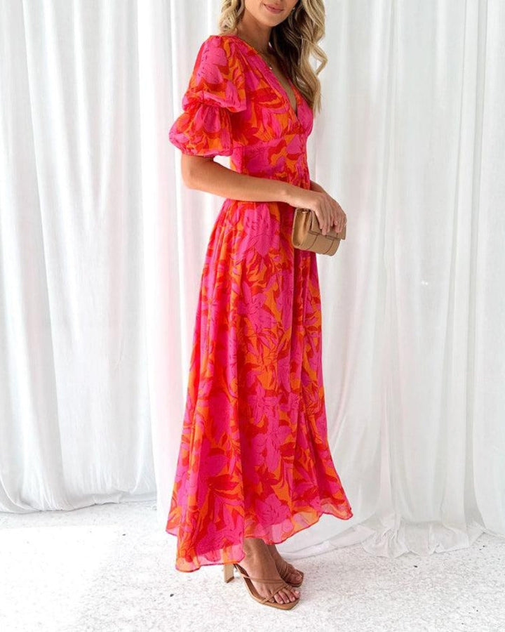Karin | Elegante Maxi-jurk met V-hals en Pofmouwen
