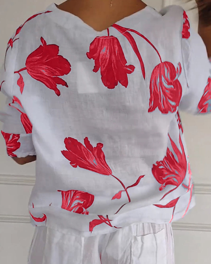 Fien | Top van Katoen en Linnen met Bloemenprint