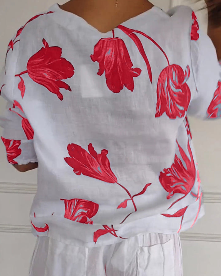 Fien | Top van Katoen en Linnen met Bloemenprint