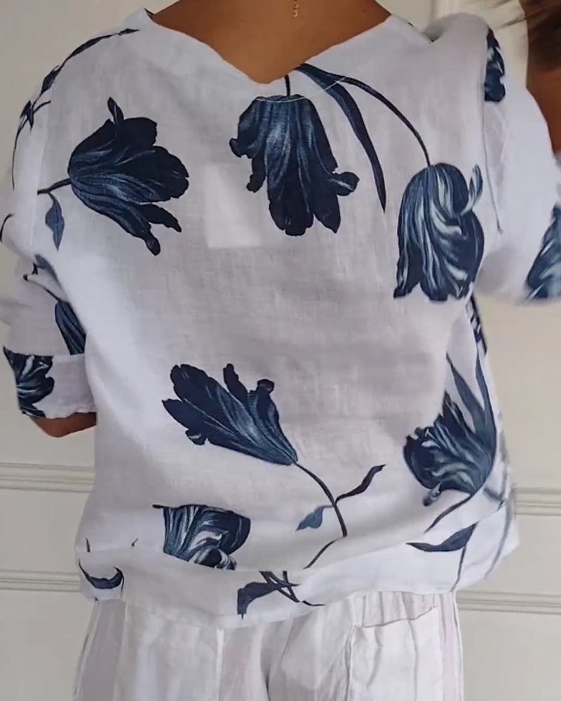 Fien | Top van Katoen en Linnen met Bloemenprint