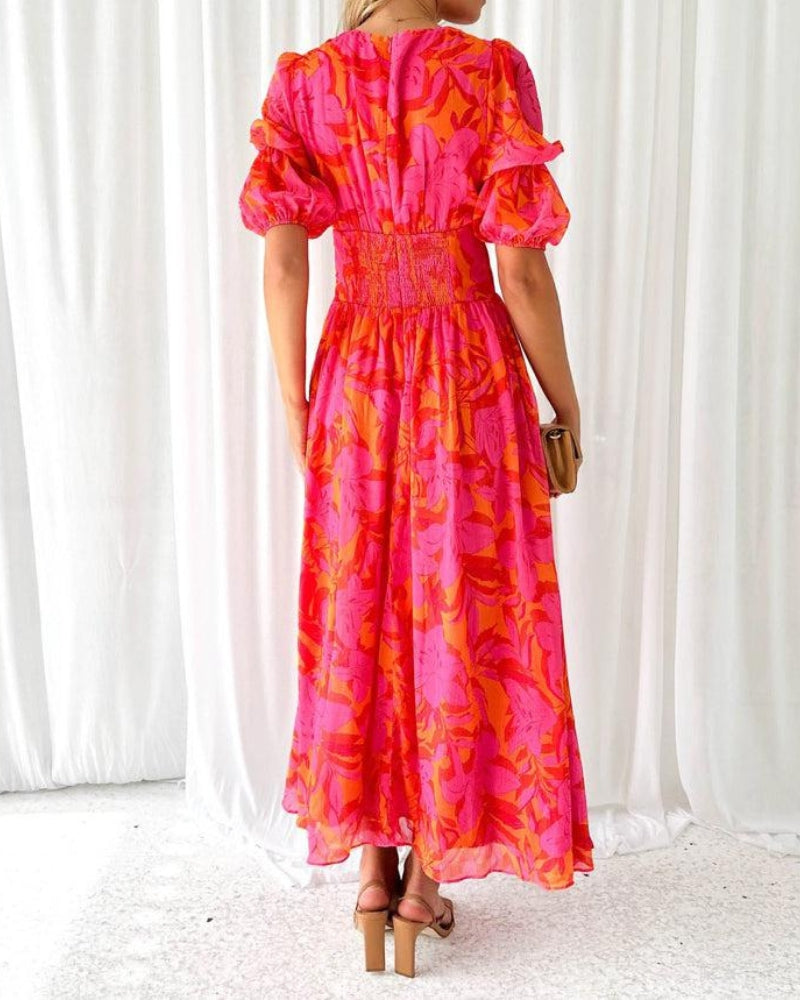 Karin | Elegante Maxi-jurk met V-hals en Pofmouwen