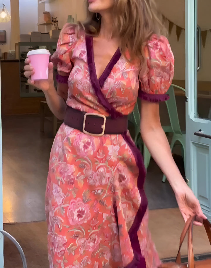 Saskia | Elegante Roze Maxi-jurk met Korte Mouwen