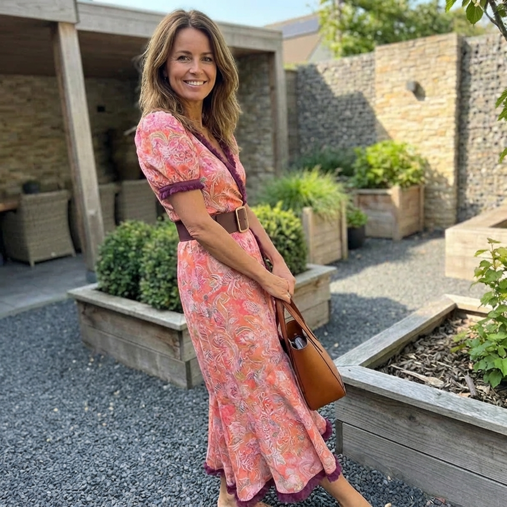 Saskia | Elegante Roze Maxi-jurk met Korte Mouwen